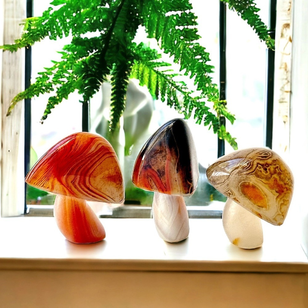 Banded Agate SET Artisan Hand Carved Luminous Mushroom Crystal Trio UNIQUE